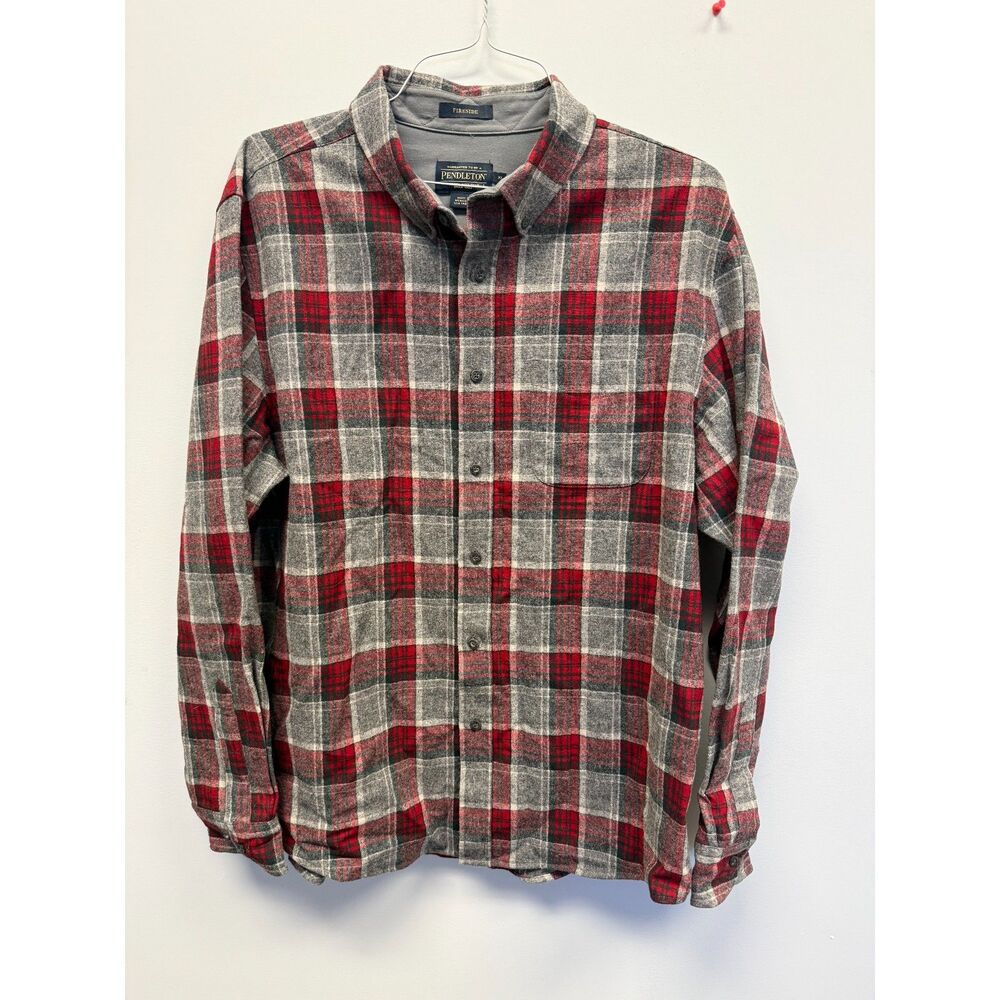 Pendleton Fireside Mens XL Plaid Wool Flannel Shirt Red Gray LS Button Up